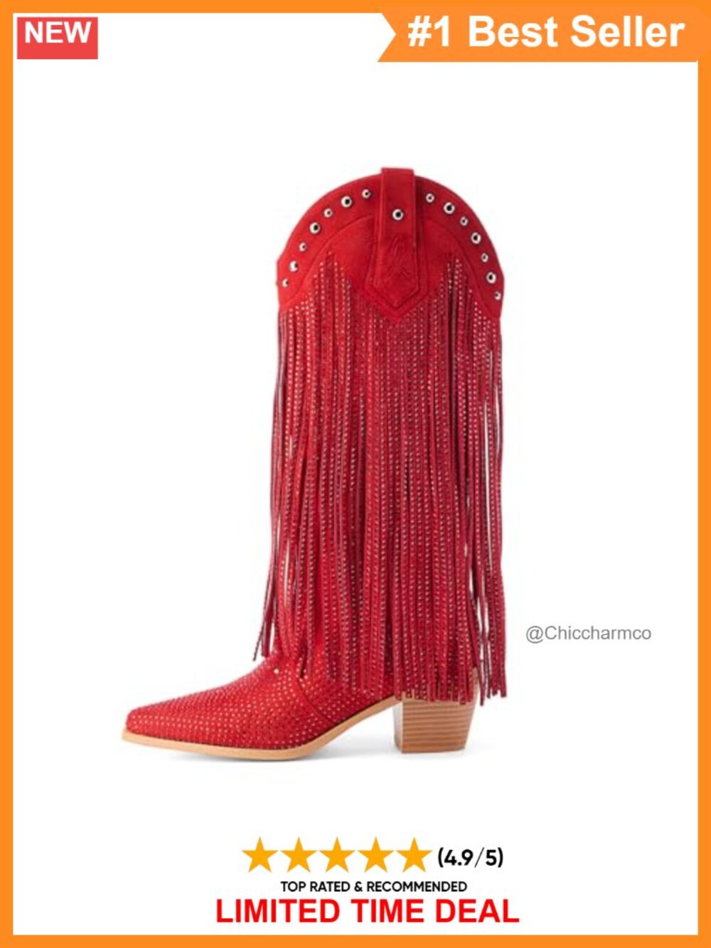 Rhinestone Fringe Cowgirl Boots Pointed Toe Chunky Heel Pull On Mid Calf